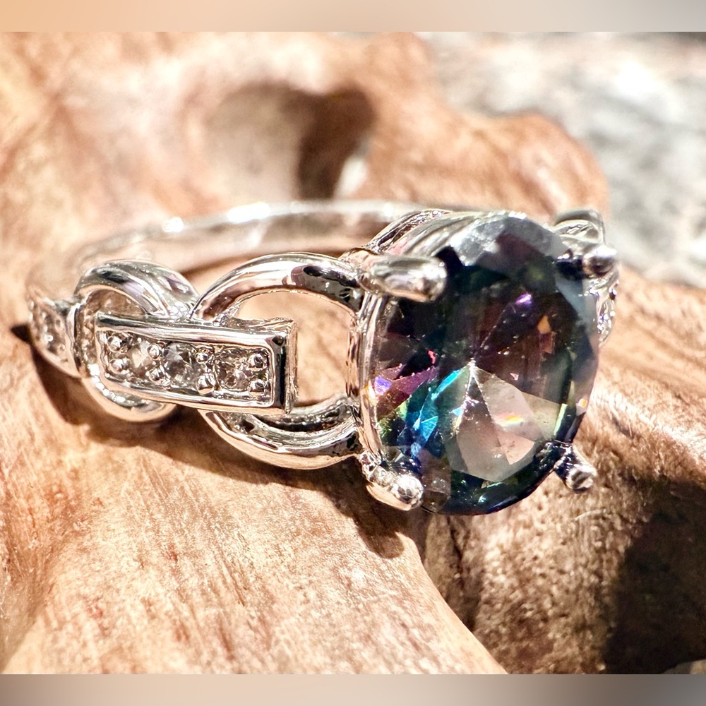 Mystic Topaz Stone Sterling Silver 925 Ring with Clear Stones Size 9 - Picture 3 of 5
